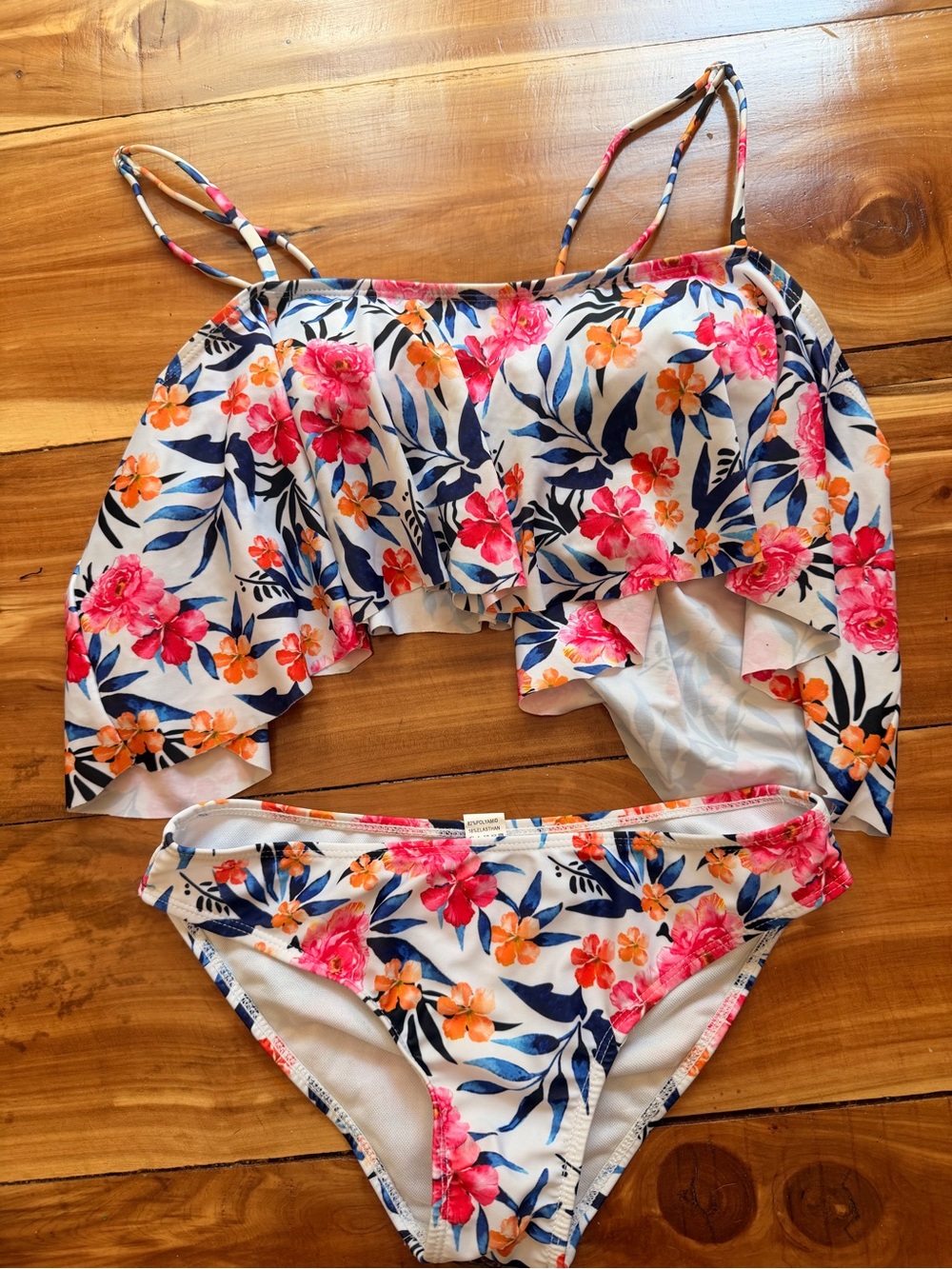 SHEIN White Floral Ruffle Two-Piece Bikini with Pink & Orange Blooms, Size small